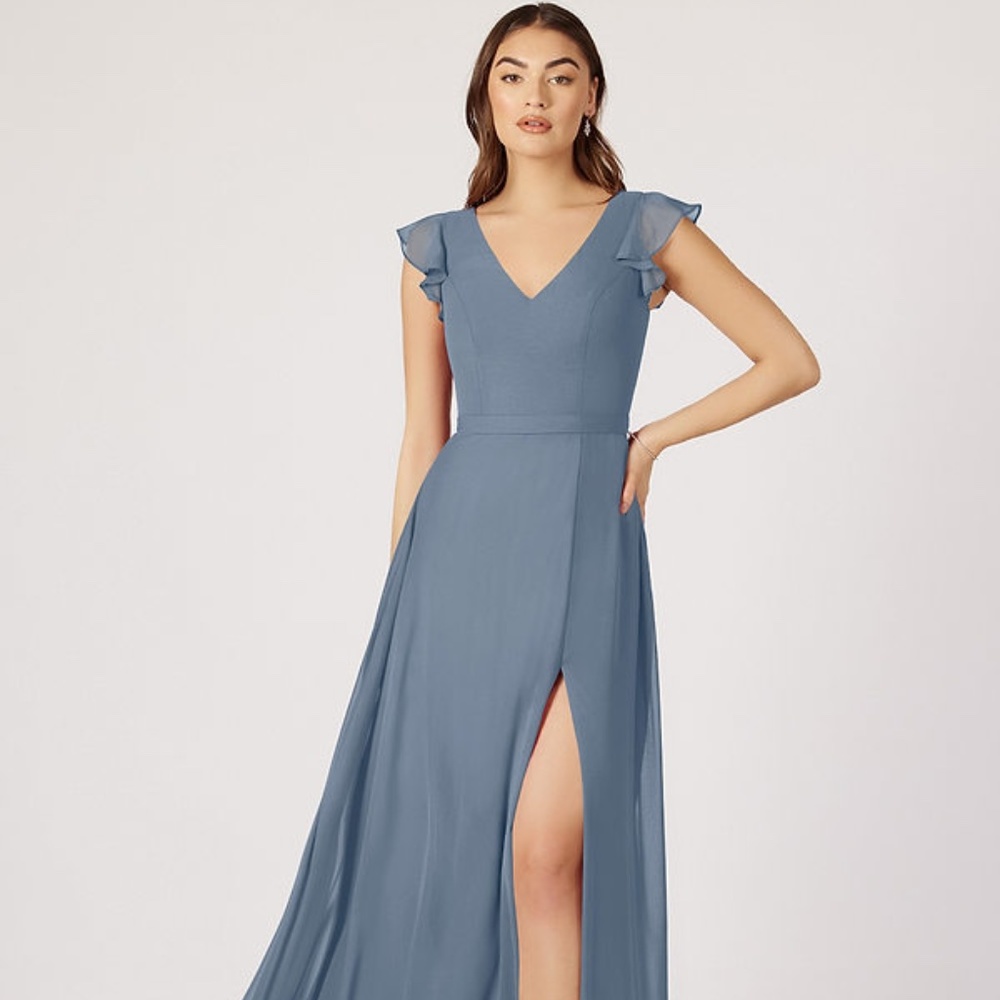 Azazie dark dusty blue Claudine bridesmaid dress in twilight